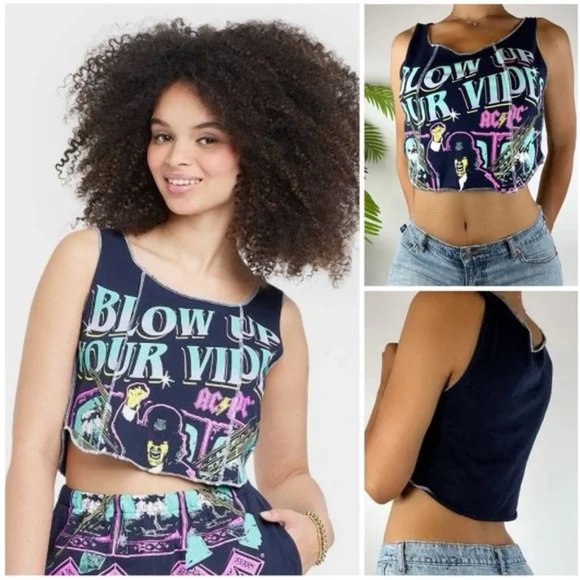 NWT AC/DC Women's Blow Up Your Video Graphic Cropped Tank Top Blue - Picture 1 of 11